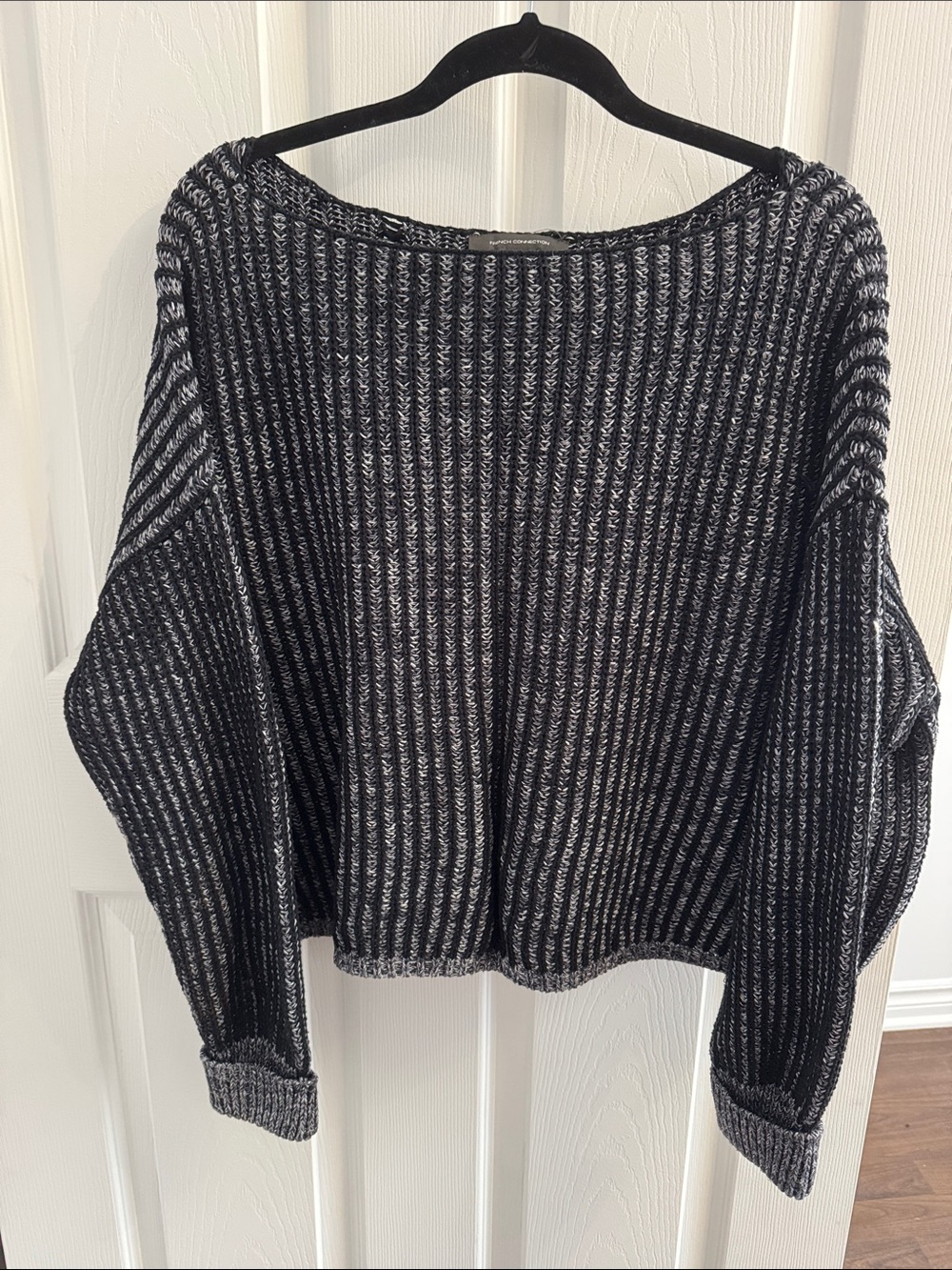 French Connection Black and Gray Ribbed Crewneck Sweater